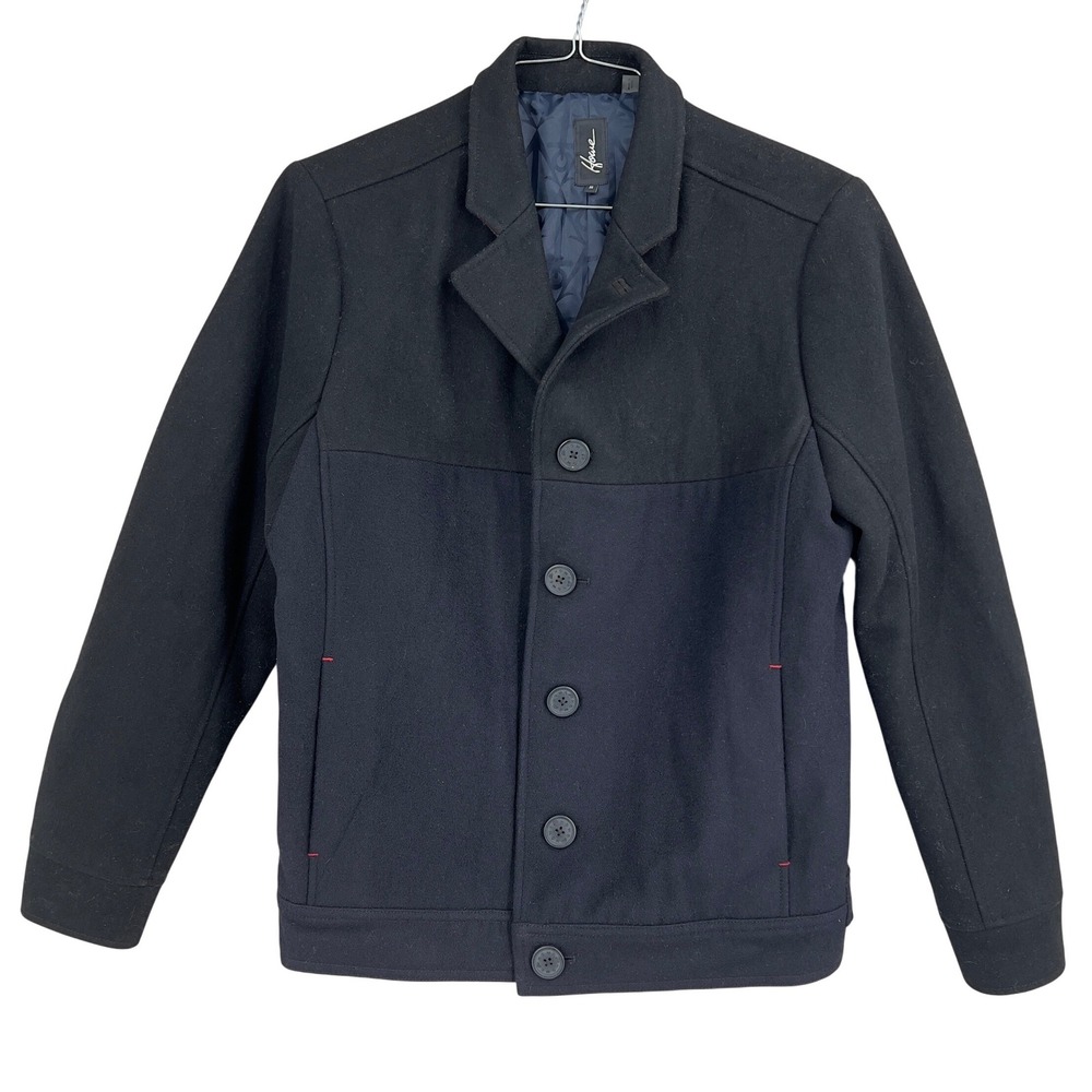 Howe Mens Wool Button Front Jacket Black Navy Colorblock‎ PeaCoat Car Coat Y2K S